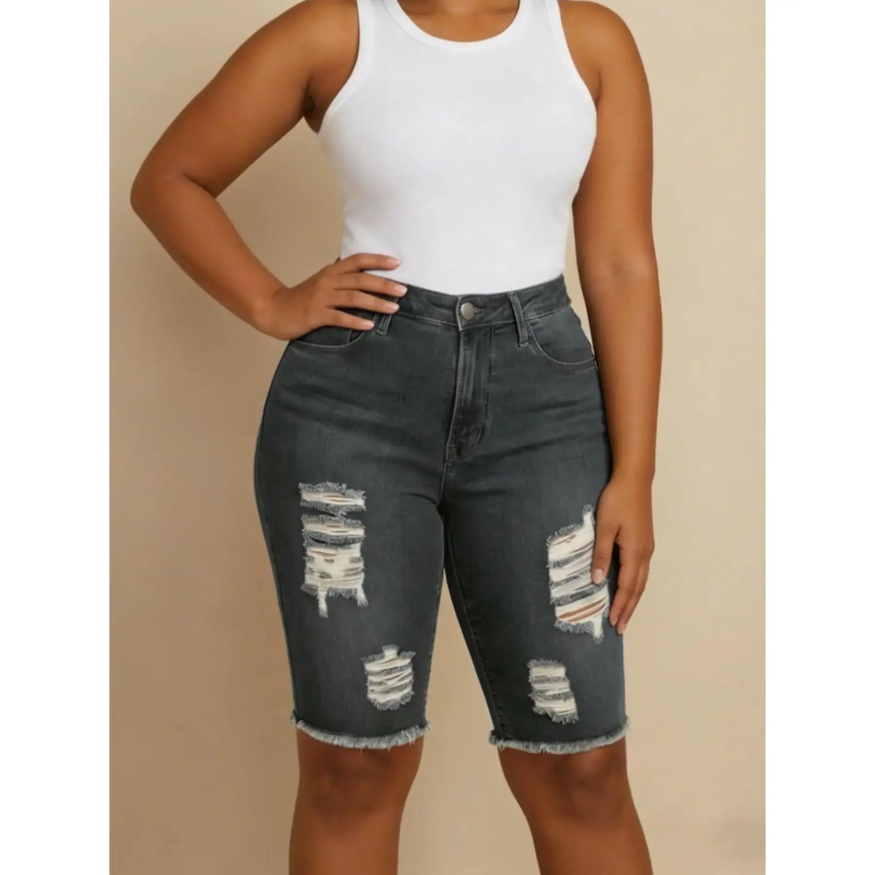 Women's Distressed Fitted Denim Shorts, Elastic Hem Knee-Length Jeans, Summer Comfort Everyday Casual Bottoms, Daily Versatile Short Pants, Casual Boho Shorts, Cuffed Denim Shorts, Cuffed Jorts, Womenswear