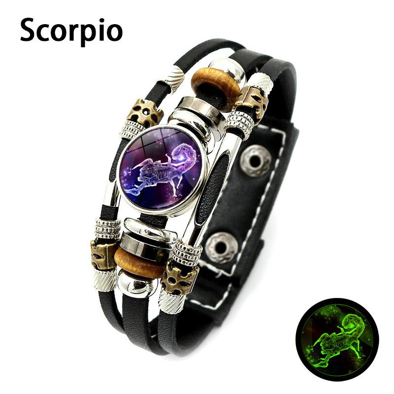 New Twelve Zodiac Signs Luminous Leather Bracelet Vintage Punk Multi-layer Woven Beaded Bracelet Jewelry