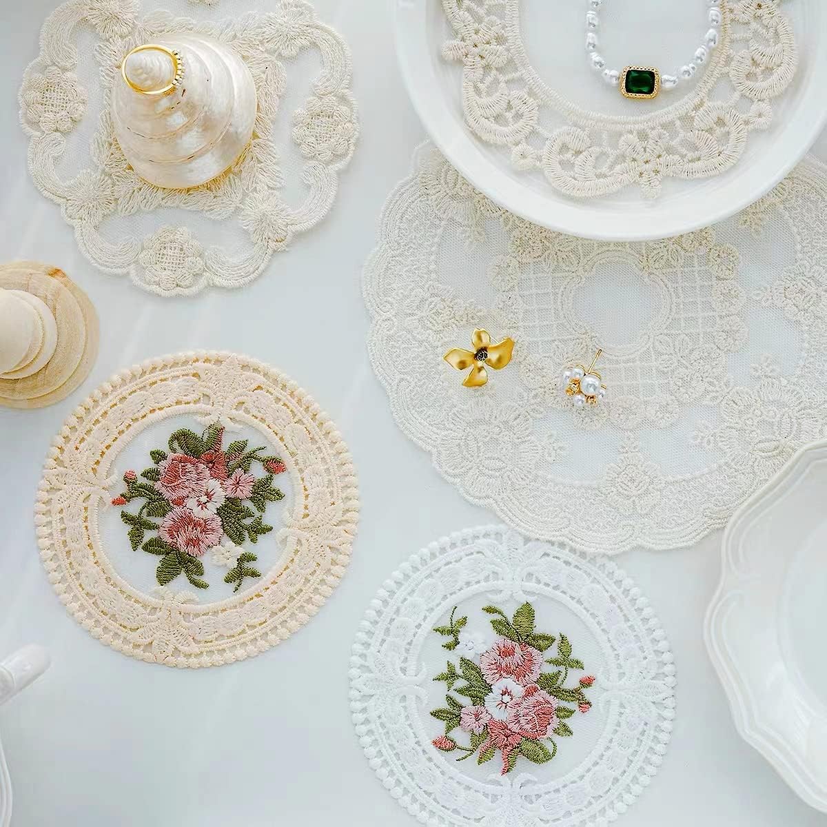 4.5" Embroidered Fabric Coasters, 8 count for Ceramic Cup,  Lace Embroidery for , Soft Floral Doilies for , Wedding, Tabletop Photography Decoration (Beige)