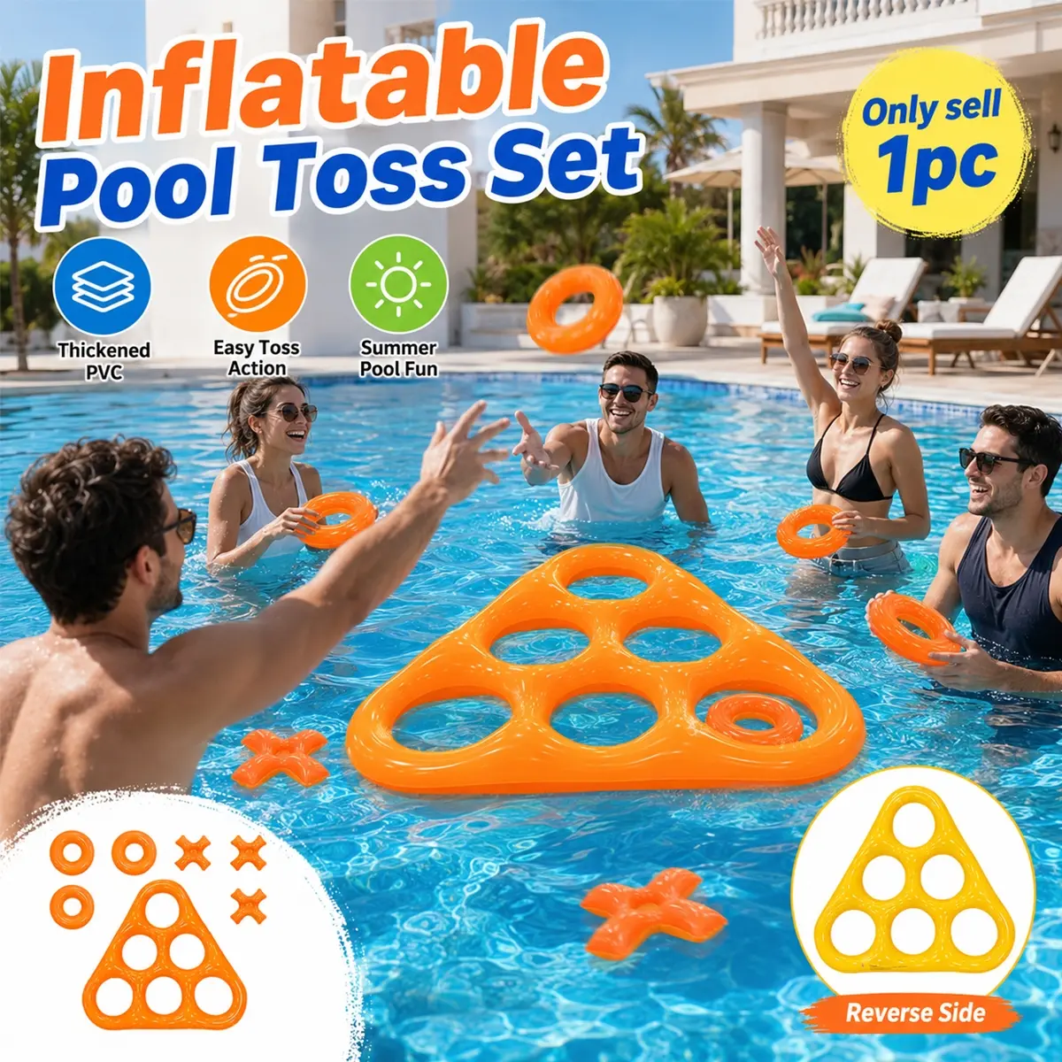 Inflatable Pool Toss Activity Set for Kids Teens Adults, Thickened PVC Floating Target Set, Triangle or Hexagon Frames, Toss Rings and Soft Balls, Portable Water Challenge Accessories for Pool, Beach, Lawn, Backyard, Camping and Summer Party