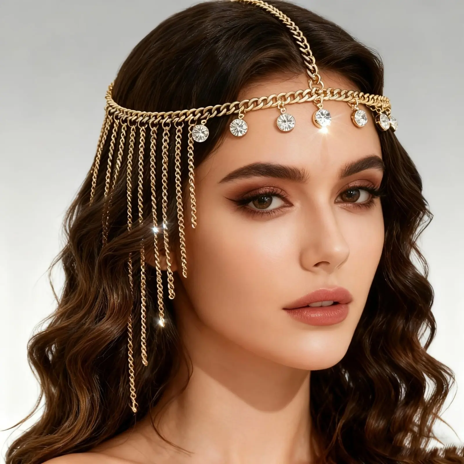 Multi‑Layer Rhinestone Tassel Forehead Head Chain for Women, Ethnic Boho Sparkly Headpiece, Exotic‑Vibe Photo‑Ready Hair Jewelry for Vacation Travel Festival Themed‑Party Occasions