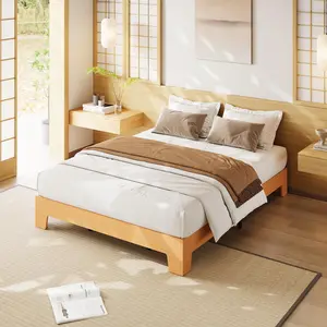 Modern Wood Platform Bed Frame, Minimalist Scandinavian Wooden Bed Base in Walnut Oak Pine, No Box Spring Required Squeak-Free Mattress Foundation with Underbed Storage, Heavy Duty Metal Center Support, Twin Full Queen King, California King, Durable