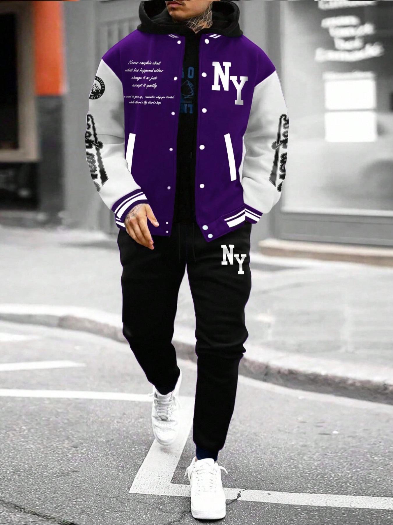 Men's Letter Print Slogan Baseball Jacket & Pants Two-piece Set, Loose Casual Long Sleeve Baseball Collar Outerwear & Trousers for Daily Wear, Men's Two-piece Outfits for Fall & Winter