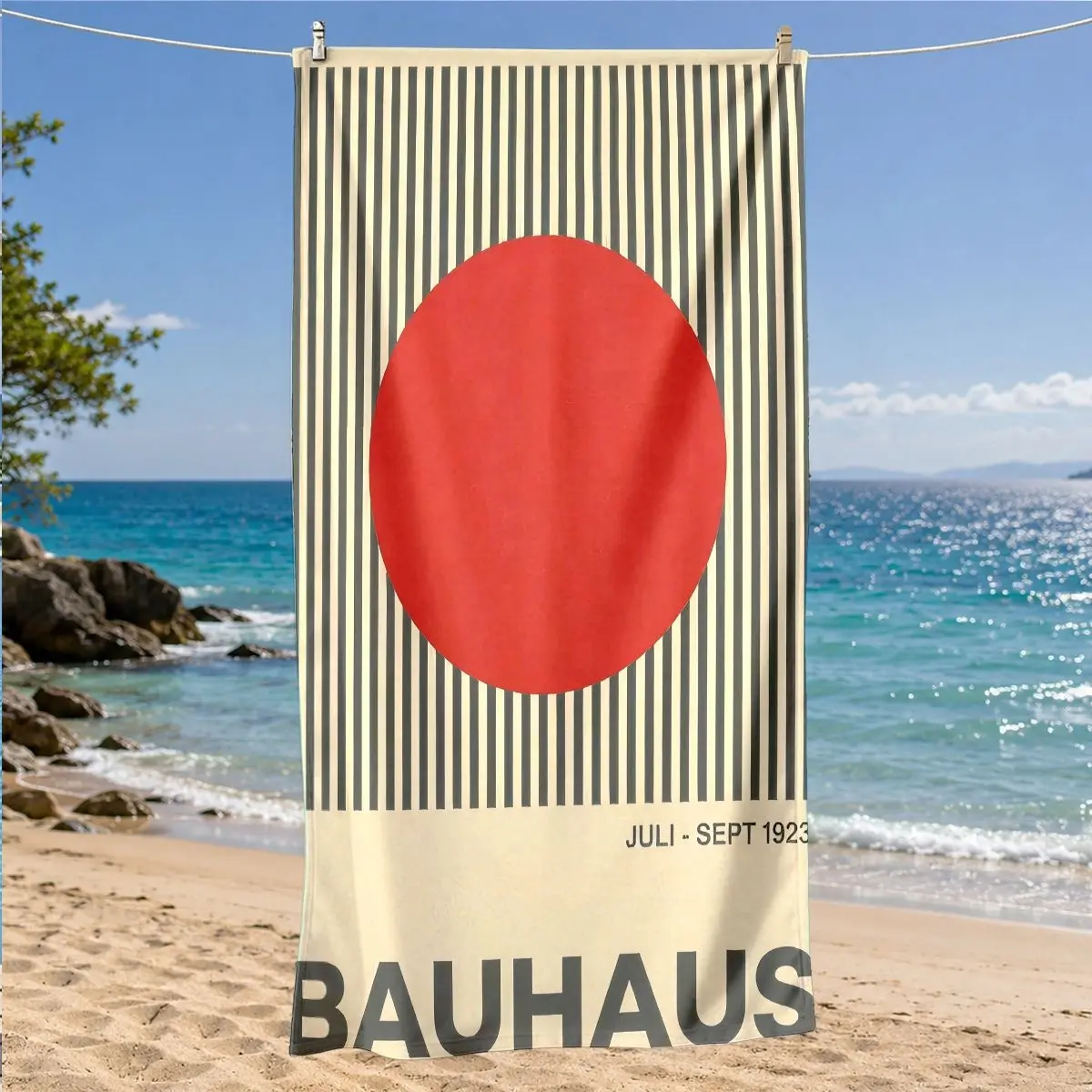 Bauhaus Circle Vertical Stripe Vintage Text Beach Towel, Quick-Dry Microfiber, Sand-Resistant, Lightweight, Ideal for Surfing, Swimming, Yoga