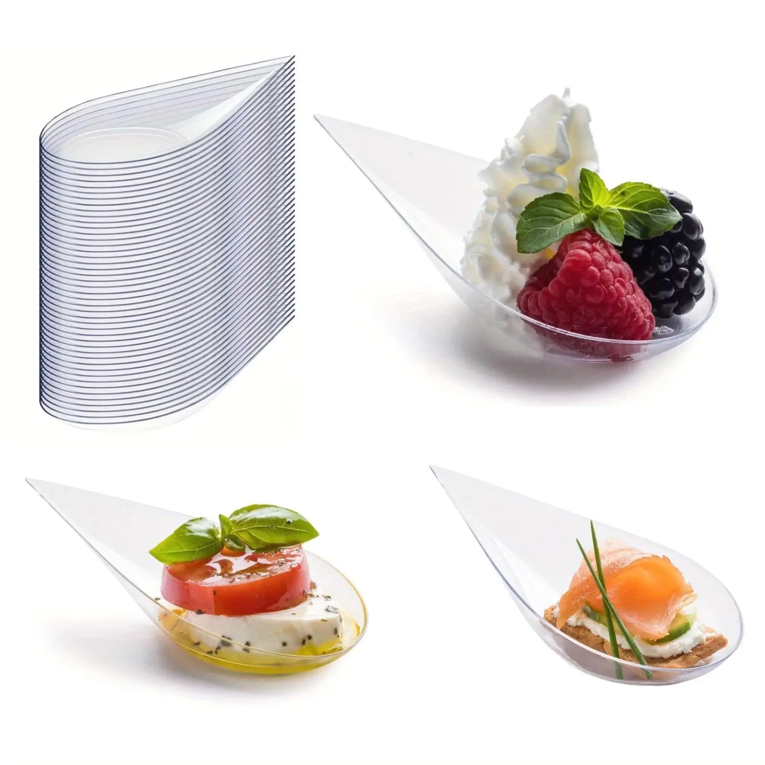 PUREDOVE 50pcs Bulk Teardrop Mini Plates - Stackable, Reusable, BPA-Free PS Dessert Dishes, Easy to Carry, Easy to Clean, Ideal for Weddings, Catering Supplies (for Cakes, Puddings), Mini Plate