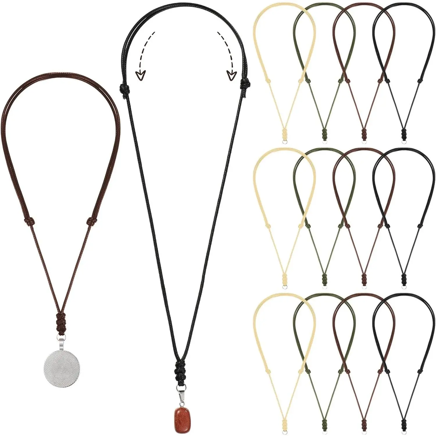 Women's 12-Pcs Adjustable Rope Necklaces - Vintage Double-Knotted Handmade Chokers with Metal Pendant-Hanging Rings, 14-26 In, Adjustable Length Necklace, Handmade Craft