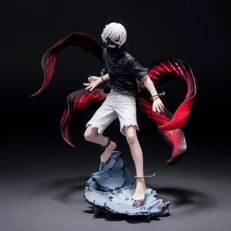 Tokyo Ghoul Ken Kaneki Figure 22cm, 2 Replaceable Heads, Red Kagune, Cracked Rock Base, Large Anime Desktop Ornament Gift, Anime Figures