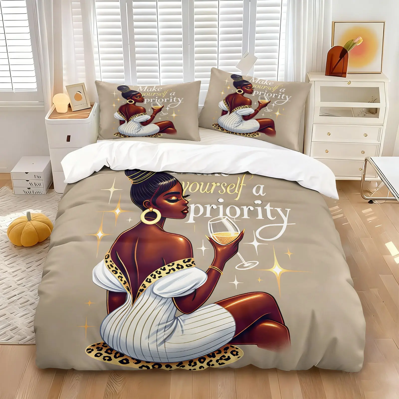 Black Queen Leopard Print Self Love Quote Decorative Duvet Cover Set, Includes 1 Duvet Cover + 1/2 Pillowcases, Soft Skin-Friendly Durable All Season Bedding, Perfect Sentimental Gift For Black Women, Self Care Lovers & Luxury Bedroom Decor