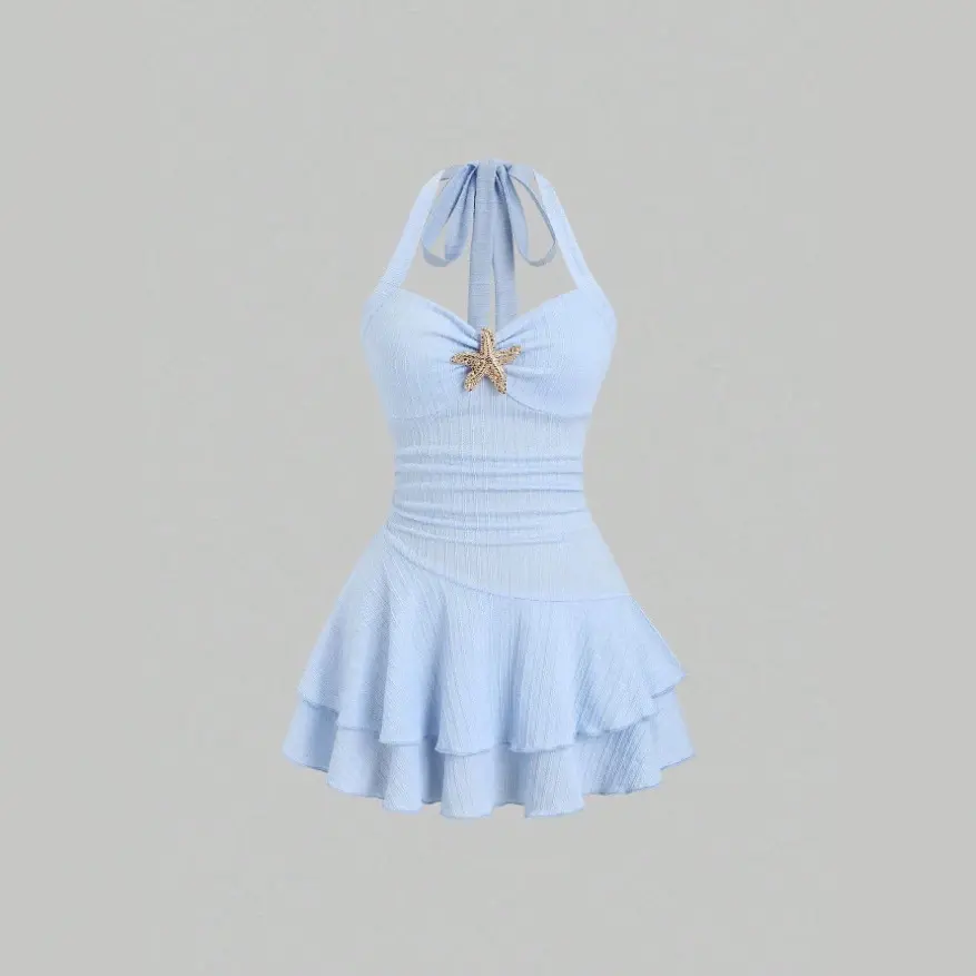 Pleated starfish embellished knitted waist-cinching halter neck dress