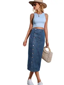 Blue Women's Denim Skirt, Casual Office Wear, Midi Length, Button Closure, Loose-Fitting, All Seasons, Fashionable and Versatile