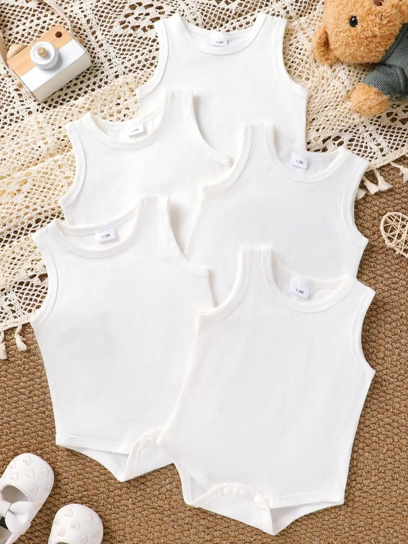 5Pcs Unisex Baby Solid Color Crew Neck Short Sleeve Knitted Jumpsuit Set, Soft Comfortable Casual Versatile Newborn Baby Clothes, Ideal For Daily Wear, Party, Vacation And Baby Gifts