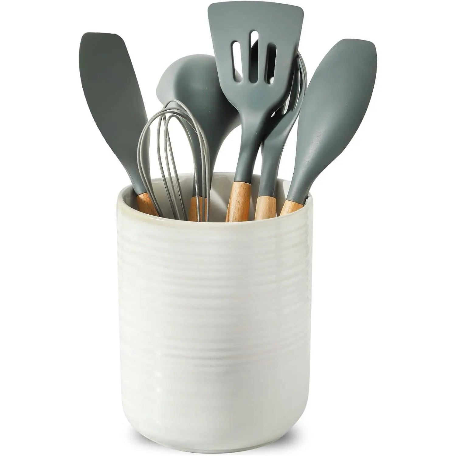 Large Utensil Holder, 7.4" x 6.2" Ceramic Utensil Holder for Kitchen Counter, Utensil Oganizer for Utensil Set,  Cooking Utensil Crock for Kitchen Decor, Clay-Infused White