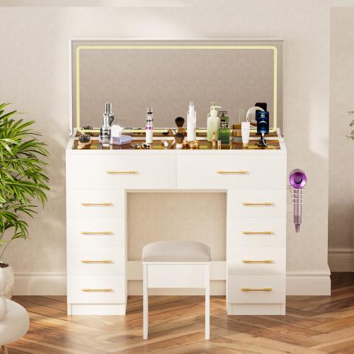 [Bellemave]46"Glass Top Vanity Desk with 10 Drawers Makeup Vanity with Mirror and Stool,3 Lighting Modes Dressing Table,Power Outlet, Silent Slides, White Big Vanity for Bedroom