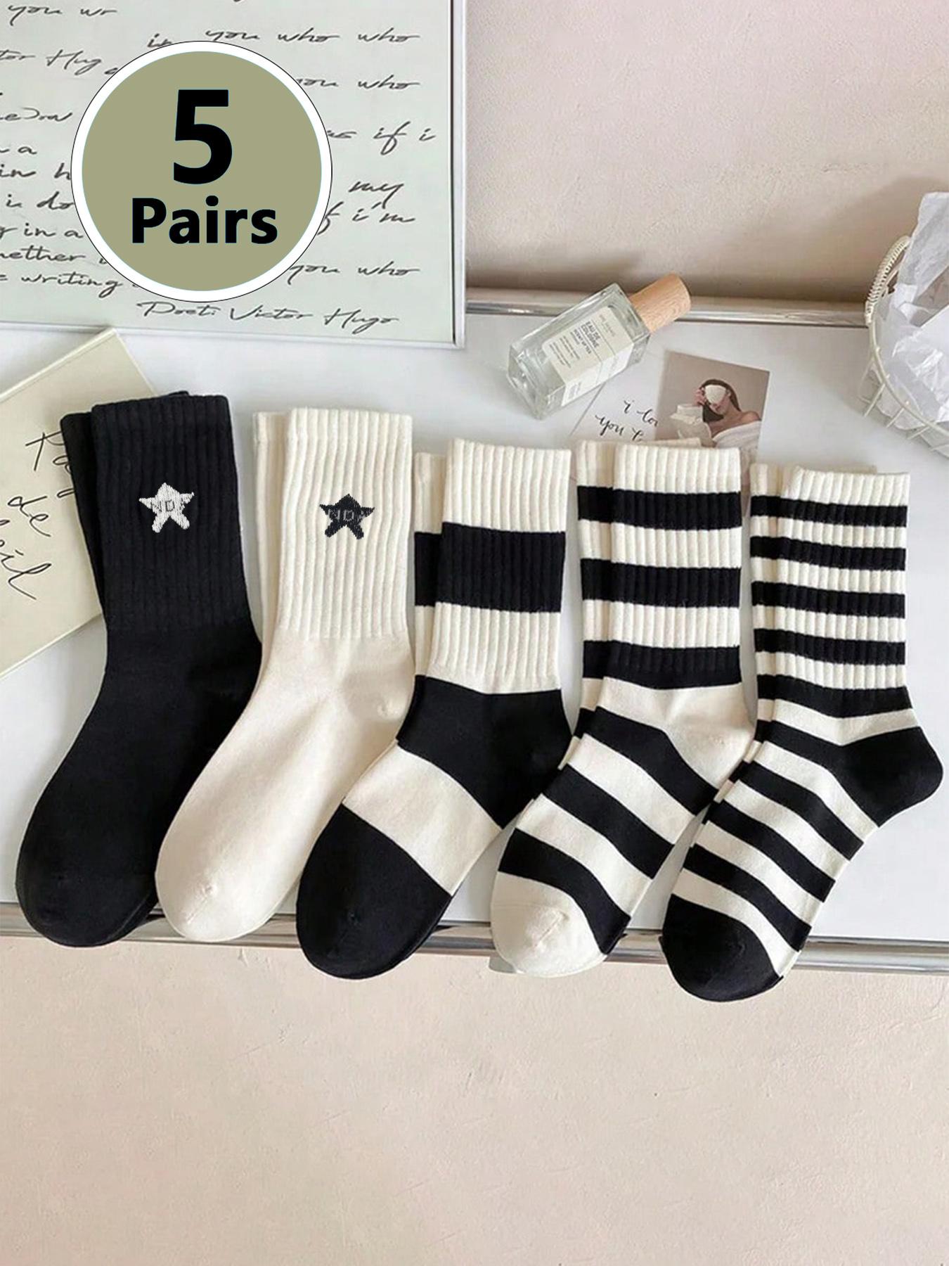 Women's 5 Pairs Colorblock Stripped & Star Print Crew Socks, Sock Set, Casual Moisture Wicking Socks, Soft Comfy Breathable Socks for All Seasons Daily Wear