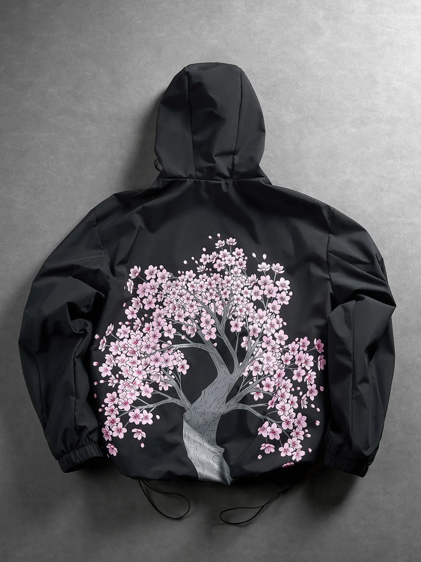2026 New Arrival Men Japanese Sakura Cherry Blossom Back Print Hooded Windbreaker Jacket Black Minimal Techwear Drawstring Hood Hem Magic Tape Cuff Water Resistant Short Loose Coat Y2K Street Fashion Outerwear Daily City Camping Spring Fall Casual Outfit