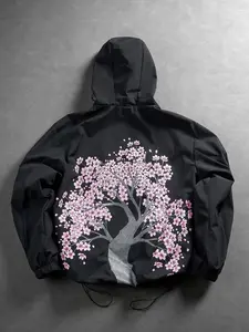 2026 New Arrival Men Japanese Sakura Cherry Blossom Back Print Hooded Windbreaker Jacket Black Minimal Techwear Drawstring Hood Hem Magic Tape Cuff Water Resistant Short Loose Coat Y2K Streetwear Outerwear Daily City Camping Spring Fall Casual Outfit