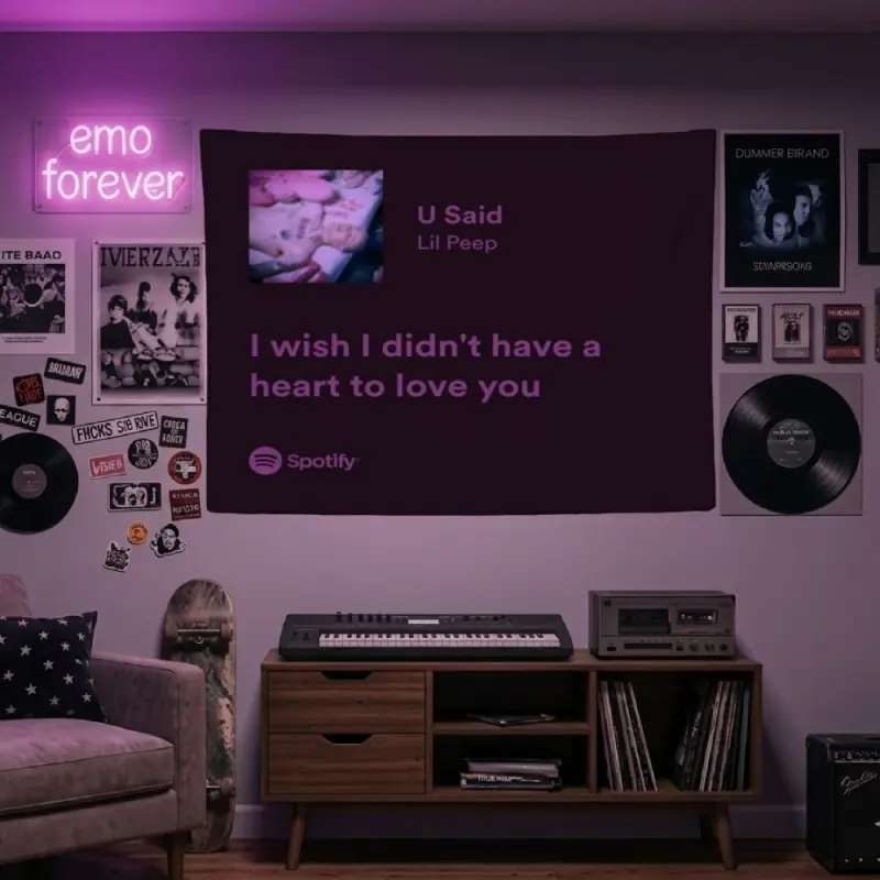 Li-l Peep U Said Tapestry I Wish I Didnt Have A Heart Spotify Music Player Screen Lyric Card Wall Hanging Dark Emo Sad Boy Hip Hop Rapper Fan Bedroom Decor Banner