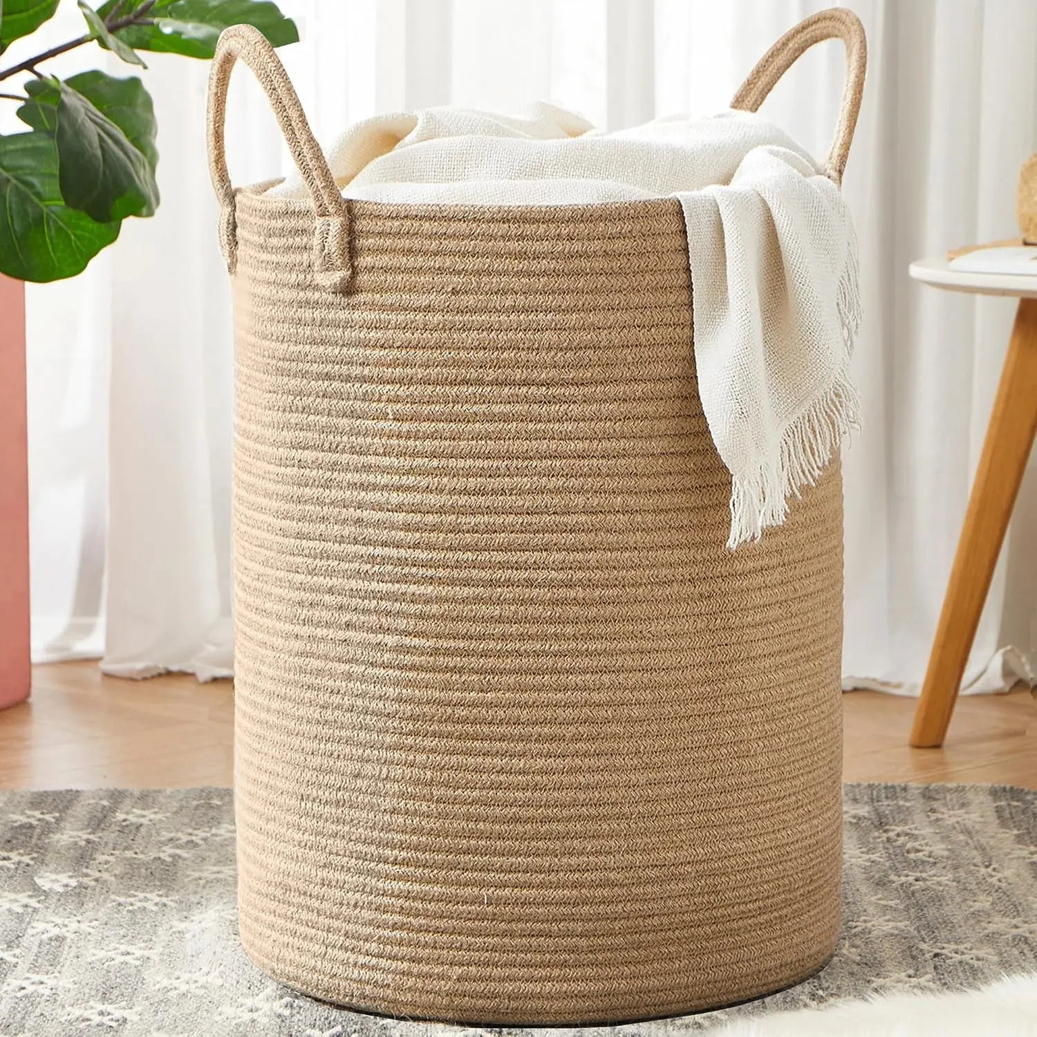 80L Extra Large Jute Laundry Hamper, Tall Woven Wicker Rope Laundry Basket, Boho Storage Basket for Clothes Blanket, Suitable for Living Room Bedroom, 16"D x 22"H
