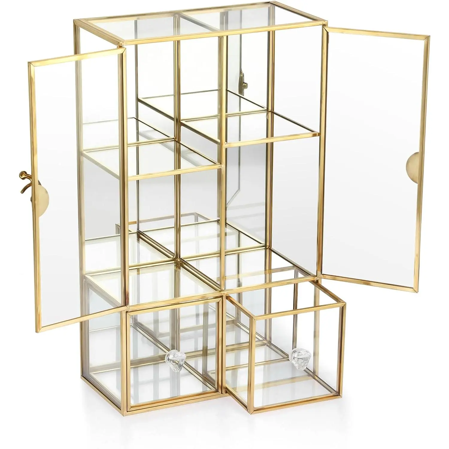 Clear Glass Storage Box with 2 Drawer,  Mirrored  Makeup Display Organizer Case, Decorative Tower Box Storage for Trinket Perfume Lipstick Figure Statue  Display