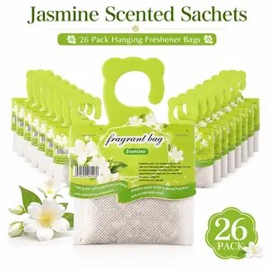 26Pcs Jasmine Scented Sachets, Hanging Closet Air Freshener Bags with Hook, Long Lasting Fragrance Sachets for Wardrobe, Drawers, Shoe Cabinet, Bathroom, Car, Luggage and Home Storage, Home Fragrances
