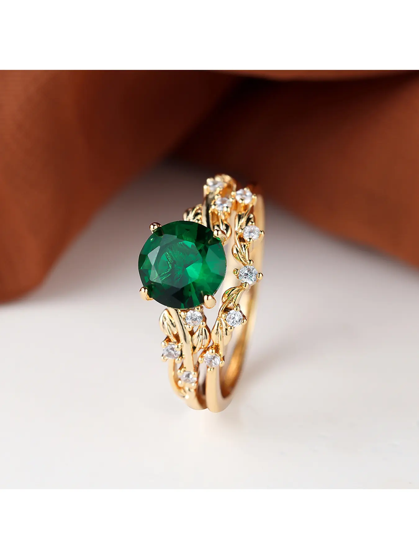 Gold Tone Round Emerald Green Ring Four Prong Setting Twisted Leaf Vine Band With Paved Clear CZ Accent Elegant Engagement Promise Ring For Women