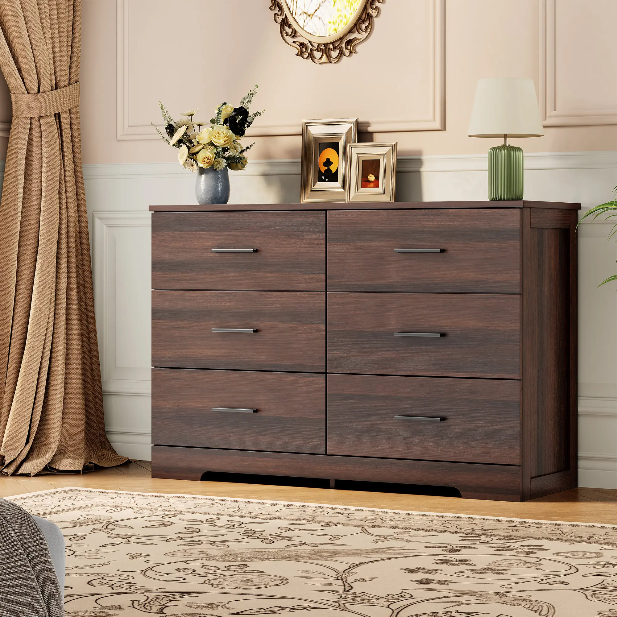 6 Drawer Dresser for Bedroom, Modern Chest of Drawers with Metal Handles, Storage Organizer for Bedroom, Living Room, Entryway & Hallway, Brown