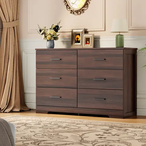 Hosslly 6-Drawer Rectangular MDF Wood Bedroom Dresser - Modern Metal Handles Storage Cabinet, Large Space Organizer with Wood Finish for Bedroom, Entryway Furniture, Brown
