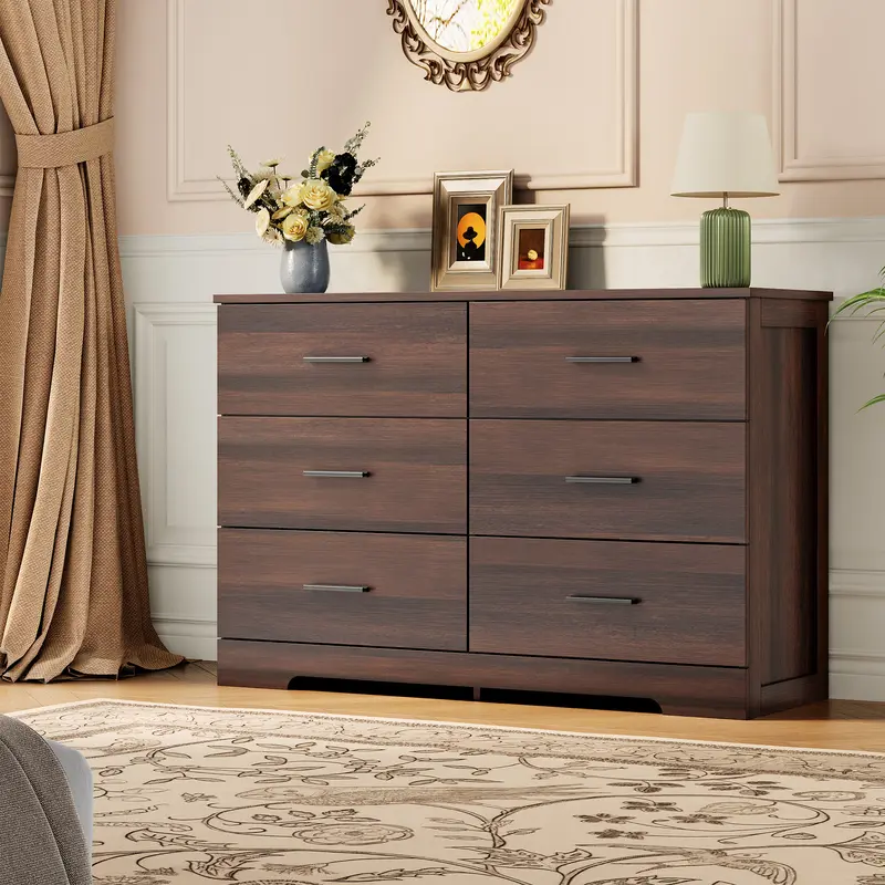 Hosslly 6-Drawer Rectangular MDF Wood Bedroom Dresser - Modern Metal Handles Storage Cabinet, Large Space Organizer with Wood Finish for Bedroom, Entryway Furniture, Brown