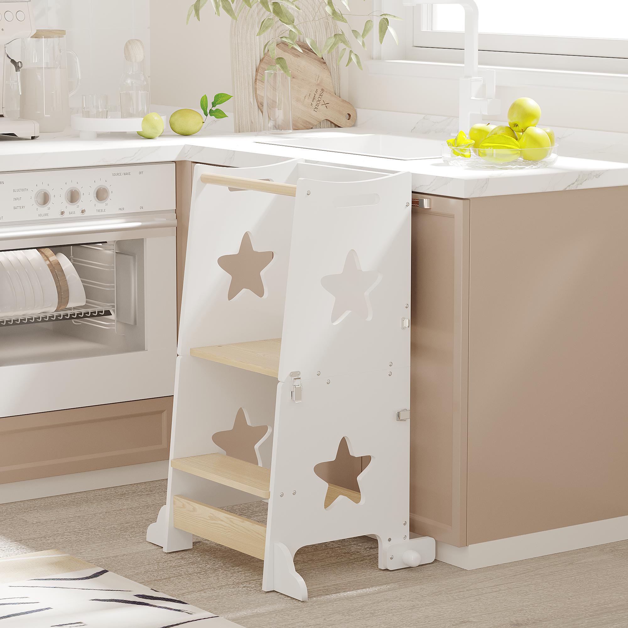 ARCH 3-in-1 Toddler Kitchen Step Stool, Foldable Learning Standing Tower with Blackboard, Wooden Kitchen Stool Helper for Kids, 1-3 Year Old Boy Girl Gifts