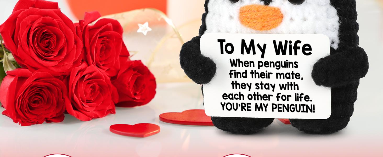 Gifts for Her Wife from Husband Birthday Christmas, to My Wife Handmade Crochet Emotional Mini Funny Penguin, Romantic Wedding Anniversary Valentines Gifts for Women Her, Small Cute Love Sign Decor