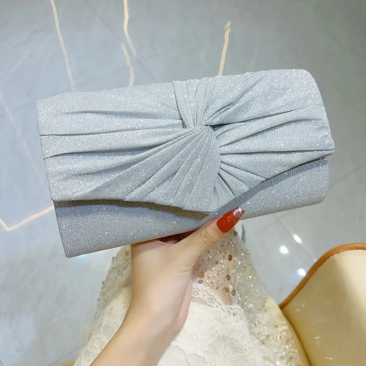 Women's Elegant Glitter Clutch, Pleated Hardcase Evening Shoulder Bag with Twist Knot for Wedding Party, Shoulder Clutch, Sparkling Look, Glittered, Wristlet Clutch
