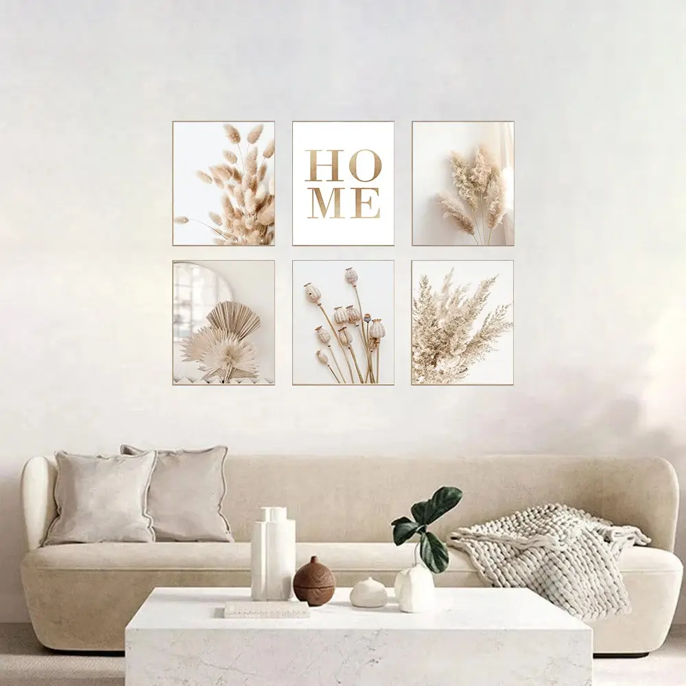 6 pieces/set, beige minimalist style, plants, flowers, canvas print, perfect natural plant poster, home mural, frameless, gift giving