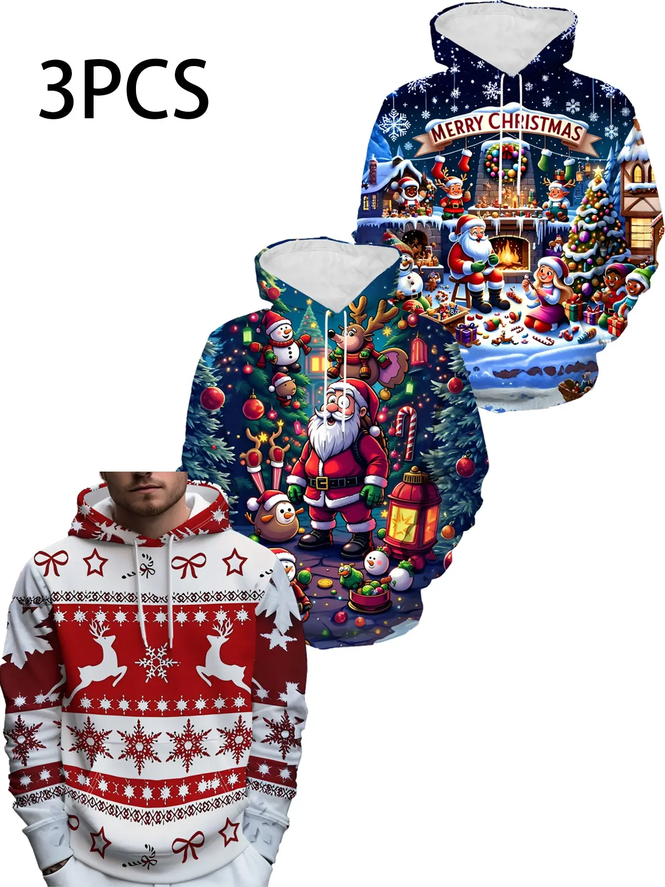 3-Pack Men's Christmas Hoodie Set, Nordic Reindeer Snowflake, Christmas Tree Santa, Village Cabin Full Print, Holiday