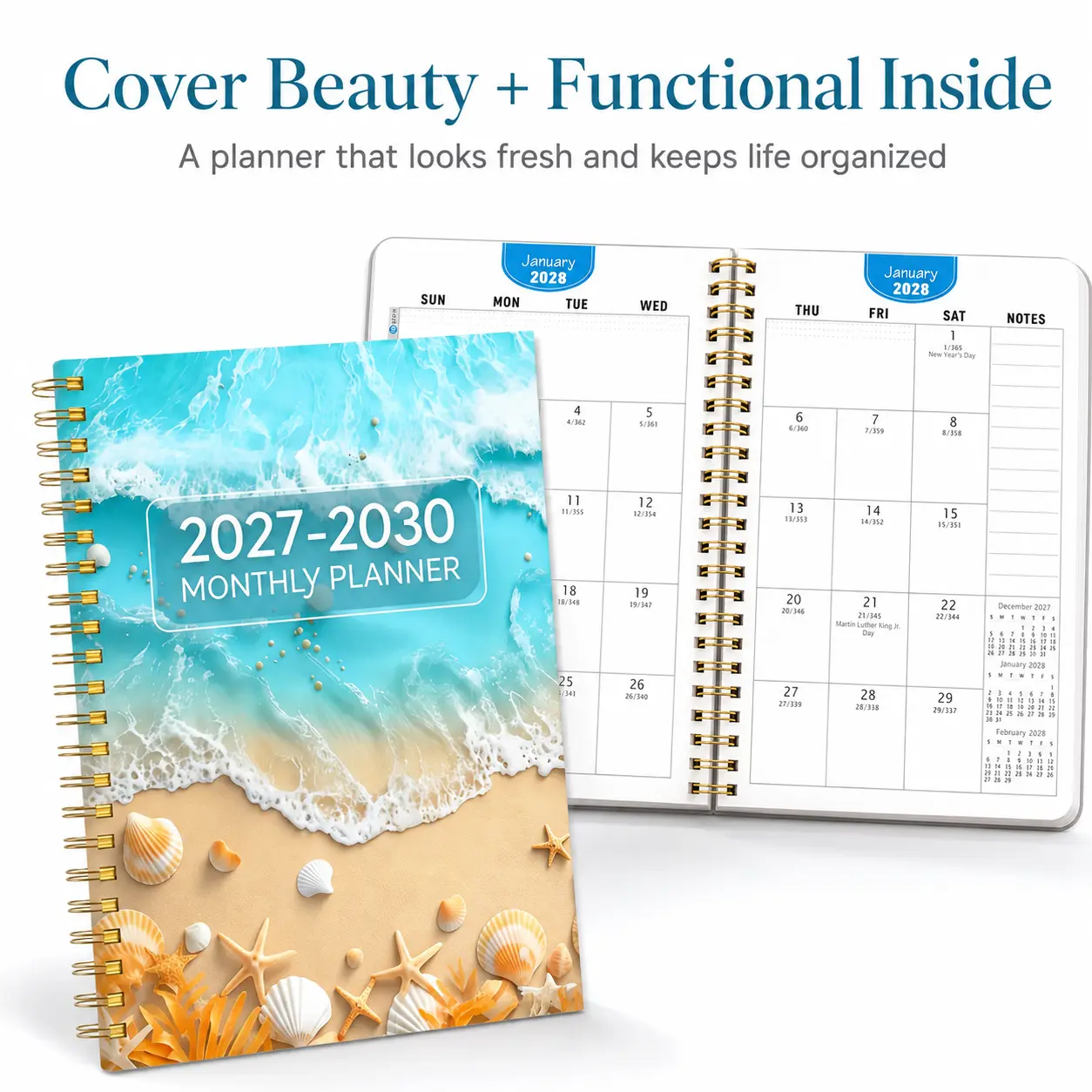 2027-2030 Coastal Monthly Planner, 4-Year Spiral Calendar Planner with Monthly Layouts, 3 Beach Ocean Cover Designs, Portable Organizer for School Work Home, Gift for Students Teachers Women
