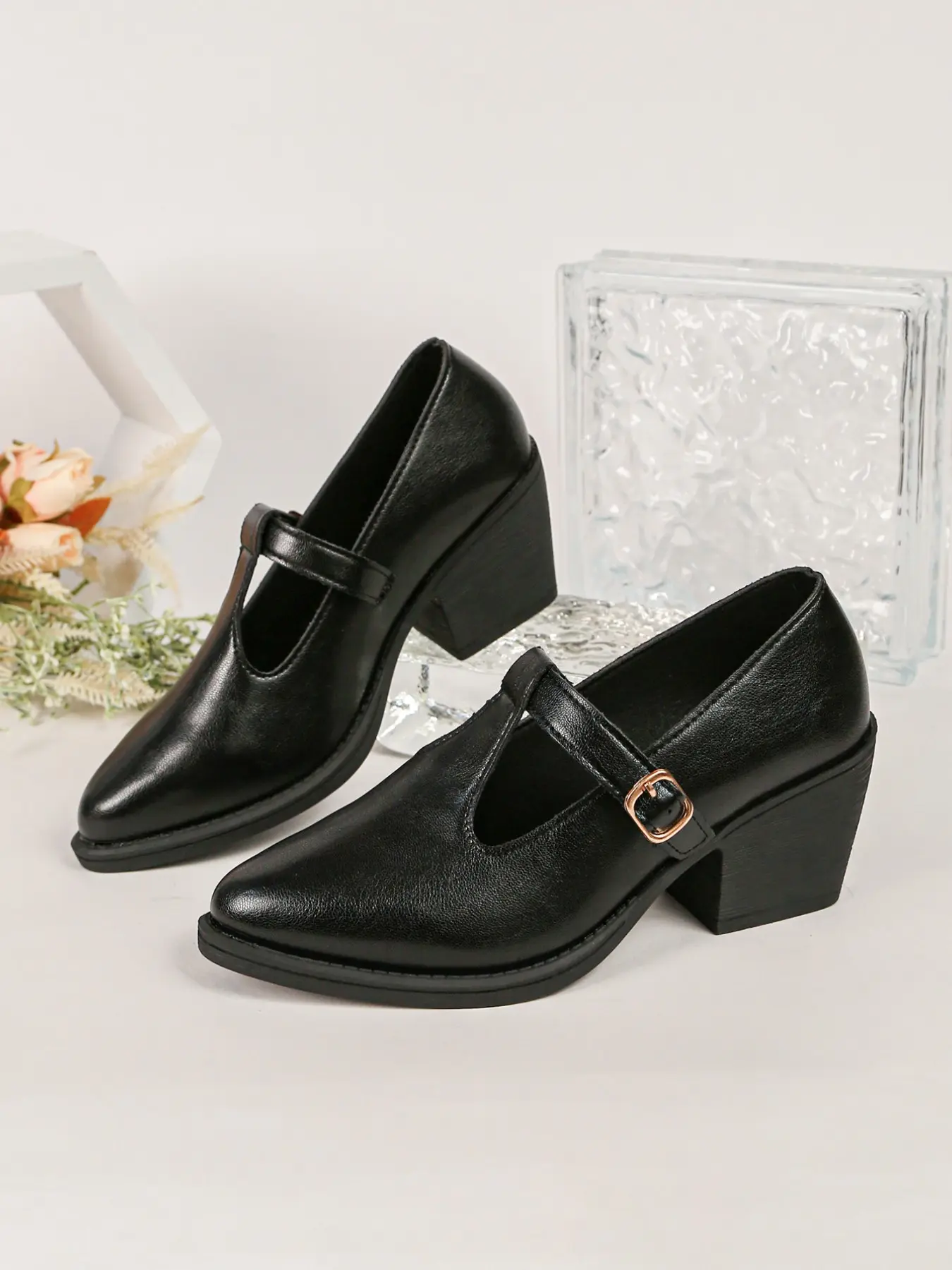 New Large Size 36-43 Women's Fashionable Elegant All-Season T-Bar Pointed Heel Slip-On High Heels, Spring Autumn Commuter Shoes