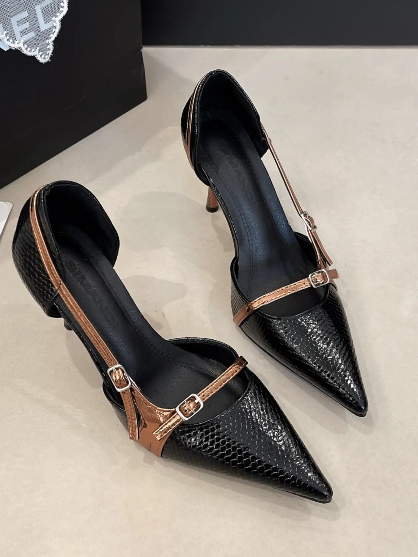Women's Snake Print Two Buckle T-Strap D'Orsay Pumps Pointed Toe Metallic Trim Stiletto Heels Adjustable Ankle Strap Dressy Evening Party High Heels