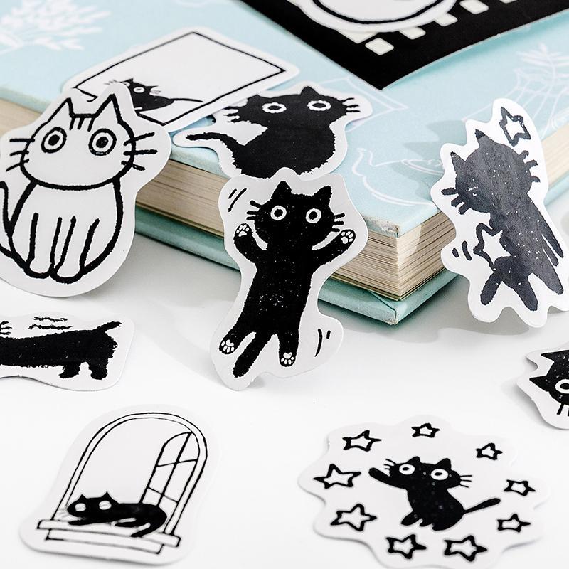 45pcs/box Cartoon Black Cat Pattern Sticker, Cute Pet Play Daily Pattern Self-adhesive Sticker, Decorative Sticker for Phone Case Computer Guitar Bag Water Cup Scrapbook