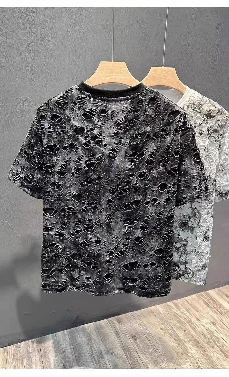 Summer 2026 Trendy Brand Men's T-shirt Loose Casual All-Match Tie-Dye Hole Design round Neck Short Sleeve Breathable