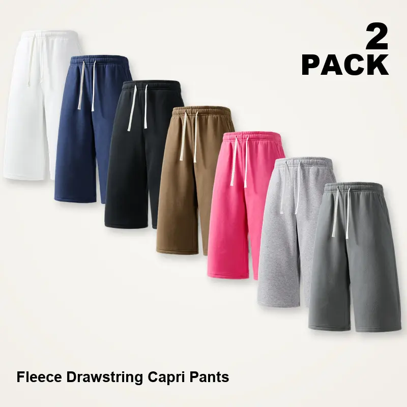 Men's 2-Pack Plain Loose Fleece Drawstring Capri Pants Set (Light Gray + Black, Assortment 27) - Relaxed Knee-Length Casual Menswear Bottoms with Elastic Waist, Regular Side Pockets, Sizes XXS-XXXXL, Summer Daily Wear