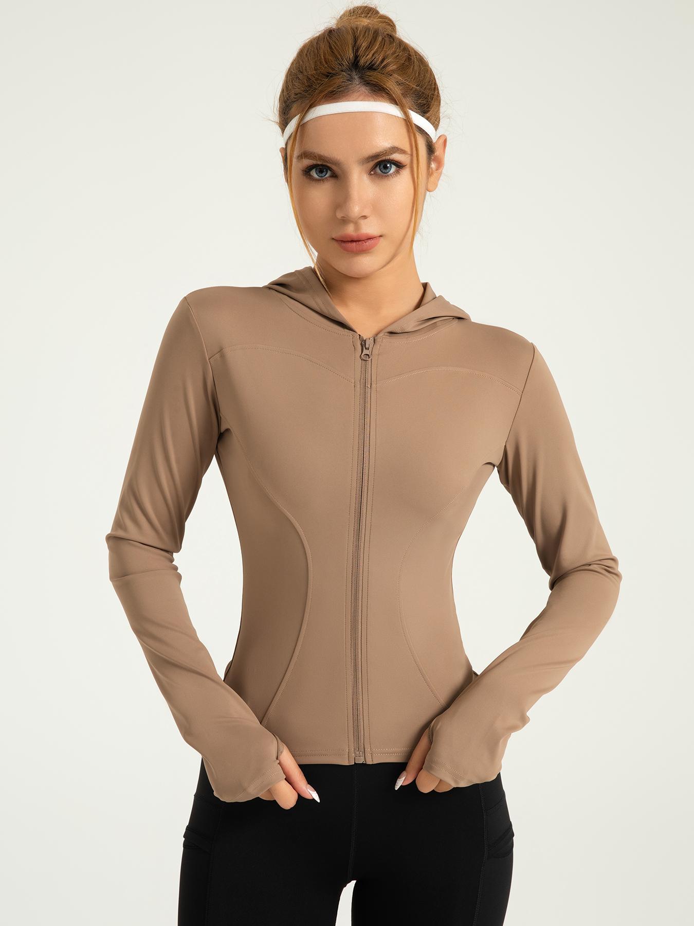 Women's Solid Zip Up Hooded, Sporty Long Sleeve Thumb Hole Outerwear for Yoga Gym Workout, Ladies Sportswear for All Seasons Yoga Jacket Top