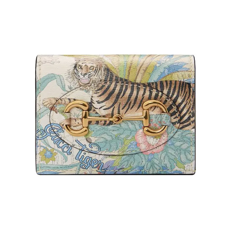 Gucci 1955 Horsebit Vintage Gold-Tone Tiger Floral Print Bifold Leather Cardholder Wallet for Women in White and Multicolor