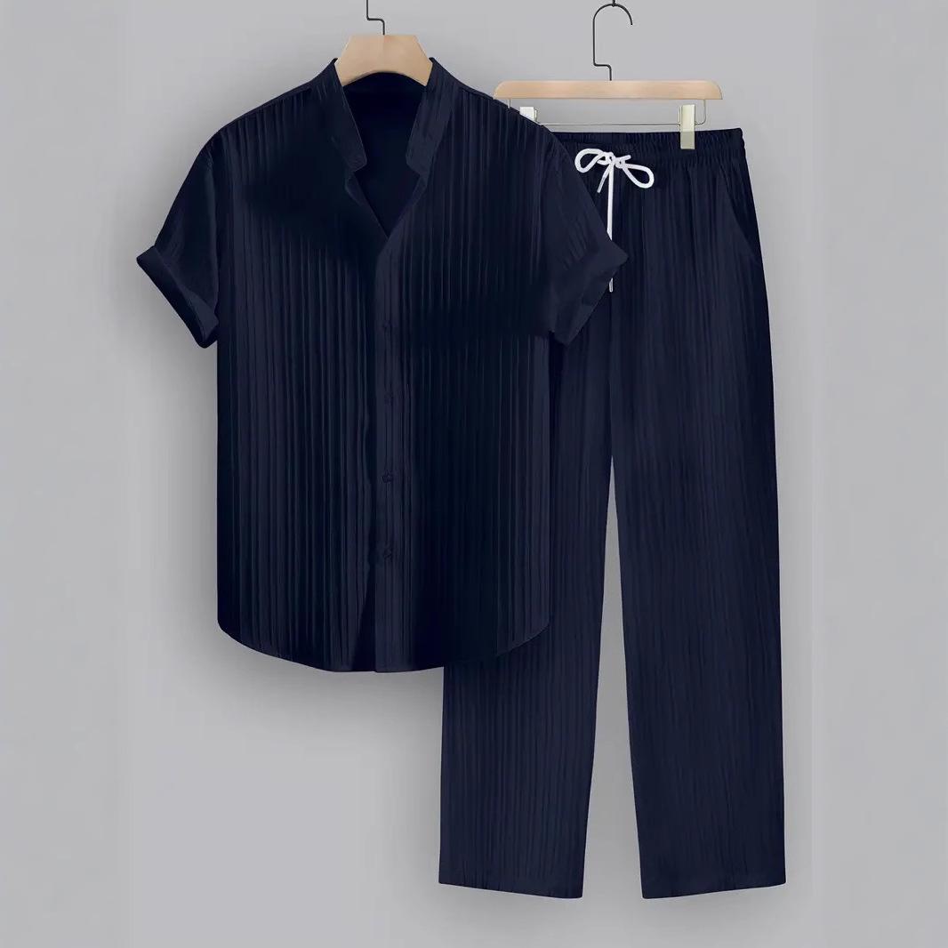 2026 Men's Striped Short-Sleeve Shirt with Button-Down Collar and Drawstring Trousers Set