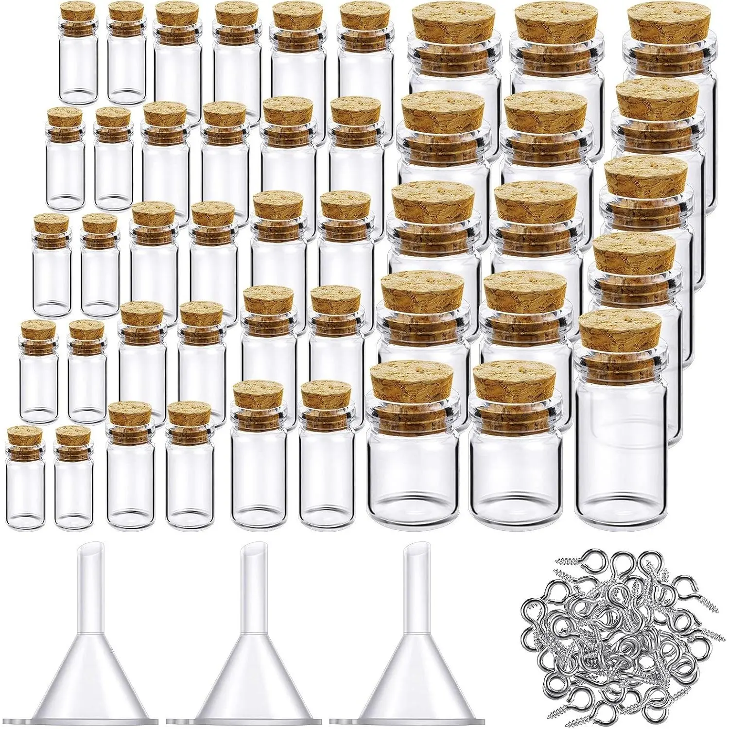 45 Pcs Mini Glass Bottles with Cork Stoppers, Tiny Spell Jars with 50 Eye Screws & 3 Funnels, 0.5ml/1ml/3ml/5ml/10ml for DIY Art Crafts