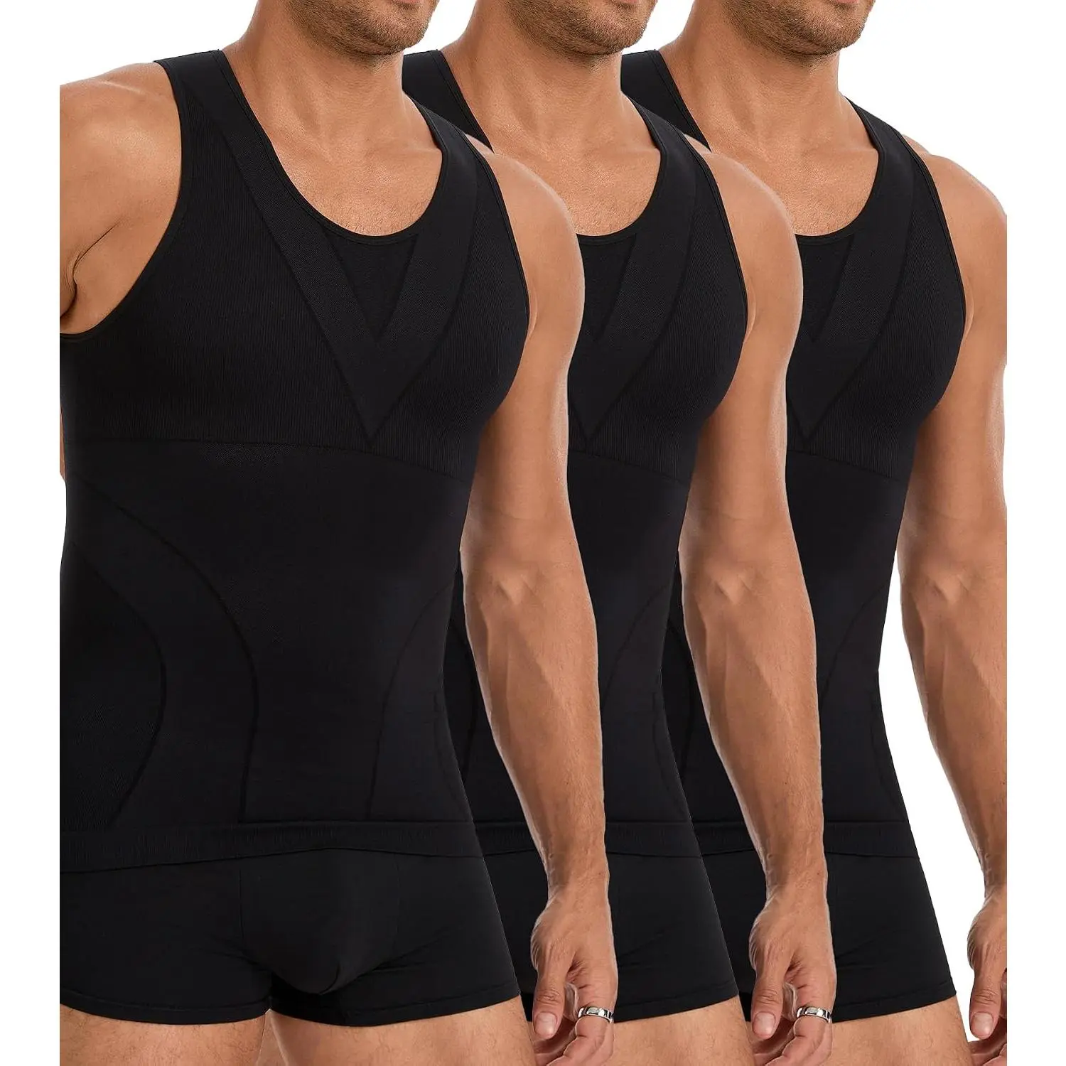 3 Pack Compression Shirts for Men Slim Fit Body Shaper Tank Tops |     Tummy Control Undershirt, Breathable Sweat-Wicking Sleeveless Base Layer for Gym, Running & Daily Wear