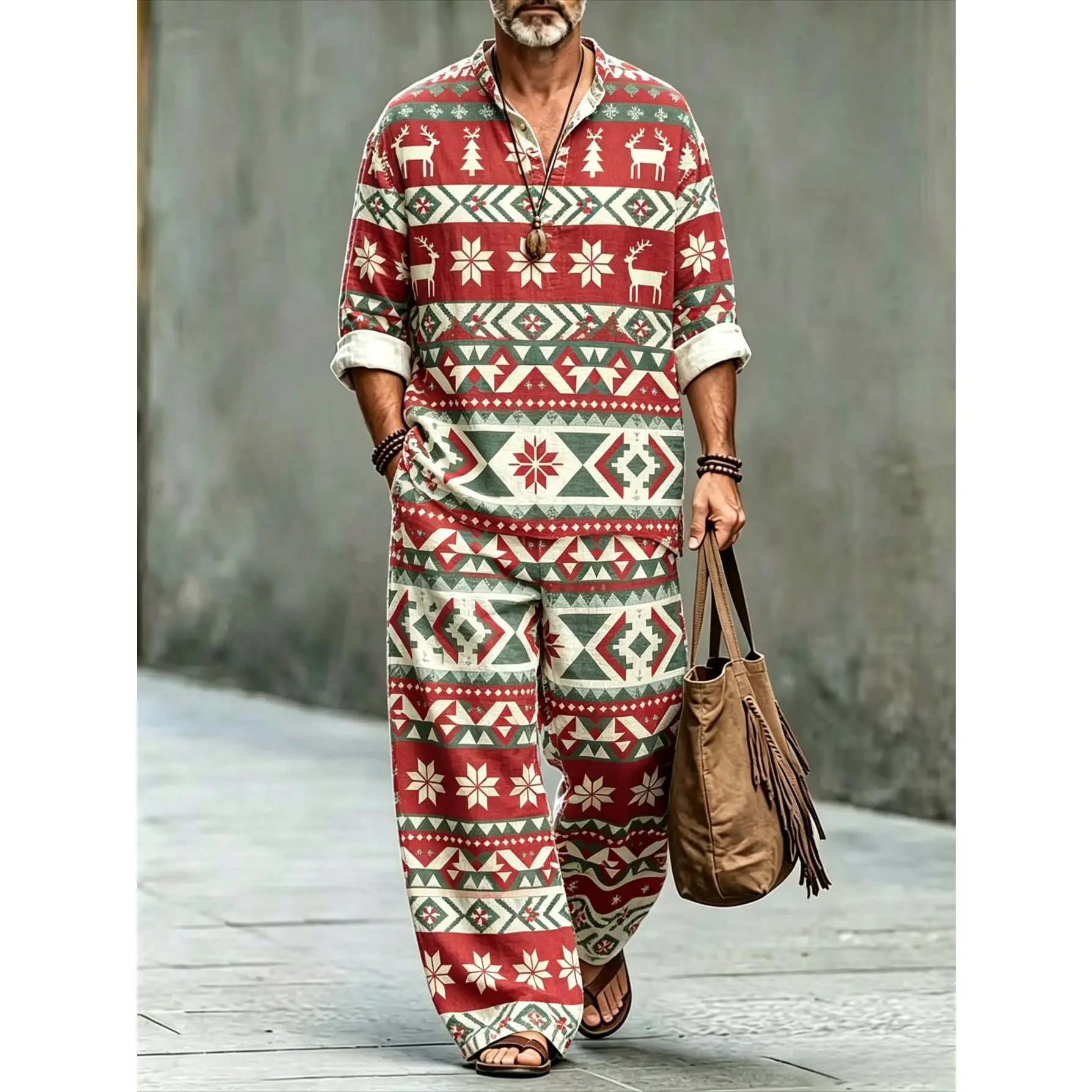 Men's Christmas Fair Isle 2-Piece Set - Reindeer & Snowflake Prints, Stand-Up Collar Long-Sleeve Henley Shirt, Drawstring Wide-Leg Pants, Retro Ethnic-Style Holiday Outfit