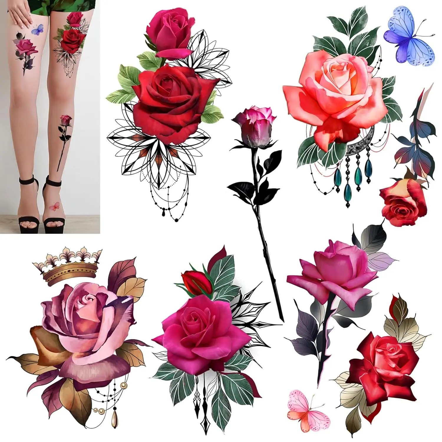 Stunning rose flower temporary tattoos for women, largerose tattoo set (Rose 1)