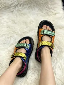 Kurt Geiger metallic quilted platform sandals, multi-color velcro straps, shiny color block, trendy summer casual shoes for street style girls