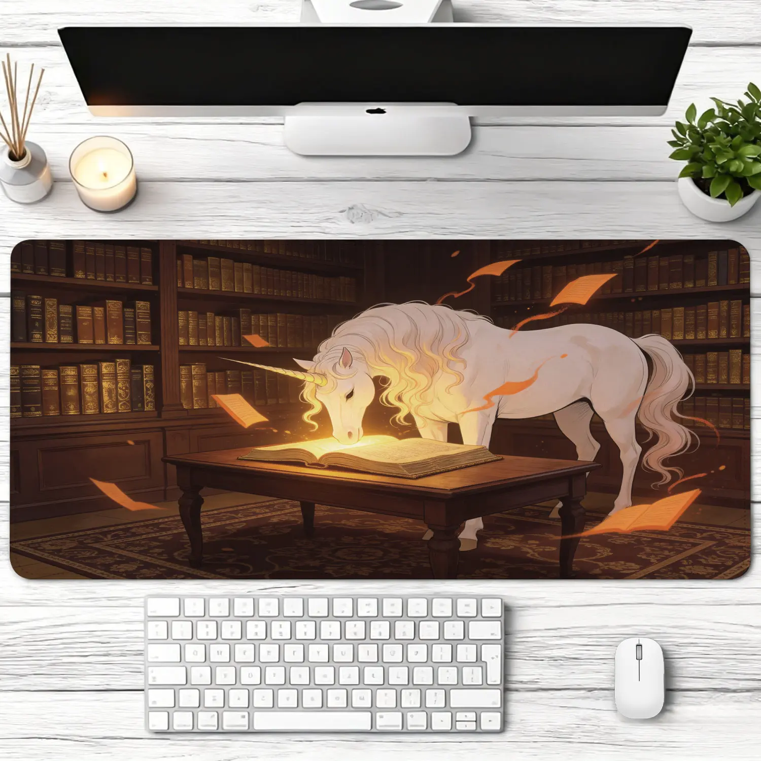 Extra Large magical unicorn reading fantasy book design Mouse Pad, Non Slip Rubber Pad, Desktop Decoration Drotection Pad, Washable, Lock Edge Multi Size, Premium Multipurpose Mousepad For Home, Office, Gift for Family and Friends