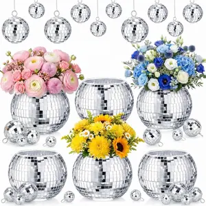 42 Pcs Disco Party Table Decorations, Includes 6 Pcs 3 x 4 Inch Disco Ball Vase and 36 Pieces 3 Sizes Mini Silver Mirror Ball Centerpiece Cake Toppers for 70s 80s Birthday Wedding Party