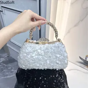 White Evening Clutch Bag Luxury Sequin Purse Round Metal Ring Handle Handbag Crystal Crown Clasp Dumpling Sparkly Shoulder Pouch for Wedding Party
